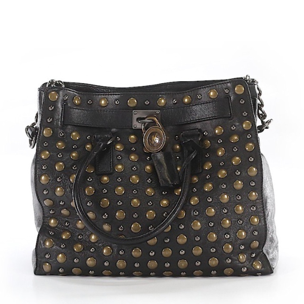 Michael Kors Black Leather Studded Shoulder Bag with Gold Accents